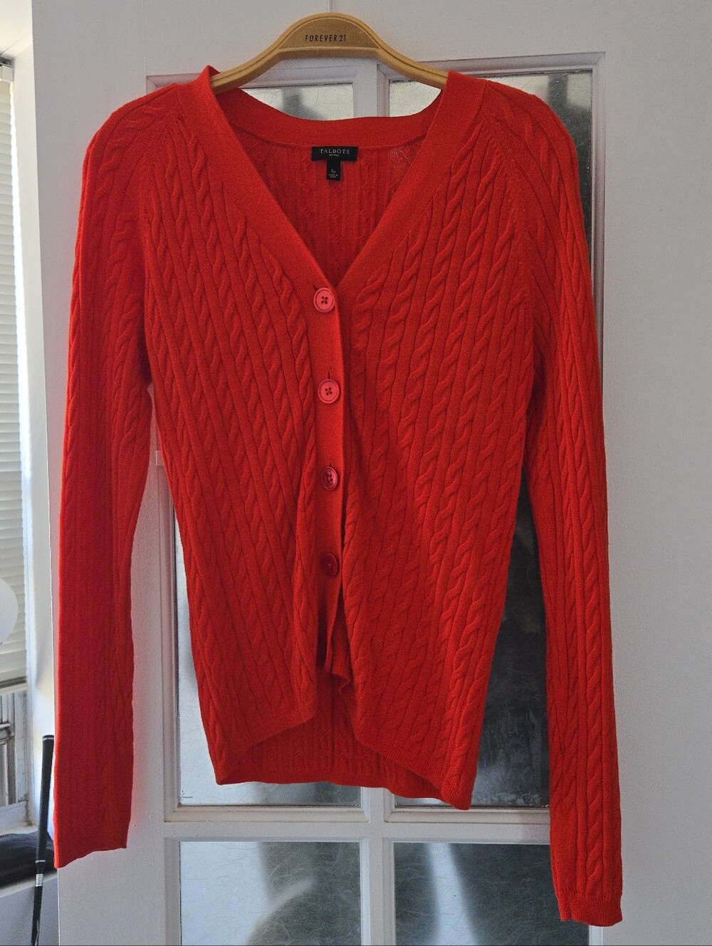 Talbots Petites Red Cable Knit Button Front Cardigan Sweater SP 100% Cotton